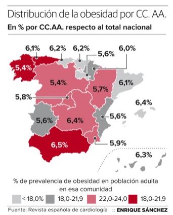 Mapa de España con los indices de obesidad de cada comunidad autónoma