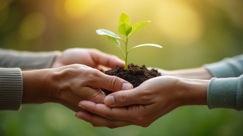 Fotografía en primer plano de unas manos que pasan una pequeña plántula verde de una persona mayor a un joven estudiante, lo que simboliza la transferencia de conocimientos ambientales entre generaciones. El fondo debe estar suavemente difuminado, pero mostrando un entorno limpio y natural. Iluminación natural con tonos dorados cálidos que resaltan las manos y la planta. La imagen representa la educación ambiental y la sostenibilidad sin texto ni diagramas. Composición limpia y esperanzadora que se centra en la conexión humana con la naturaleza.